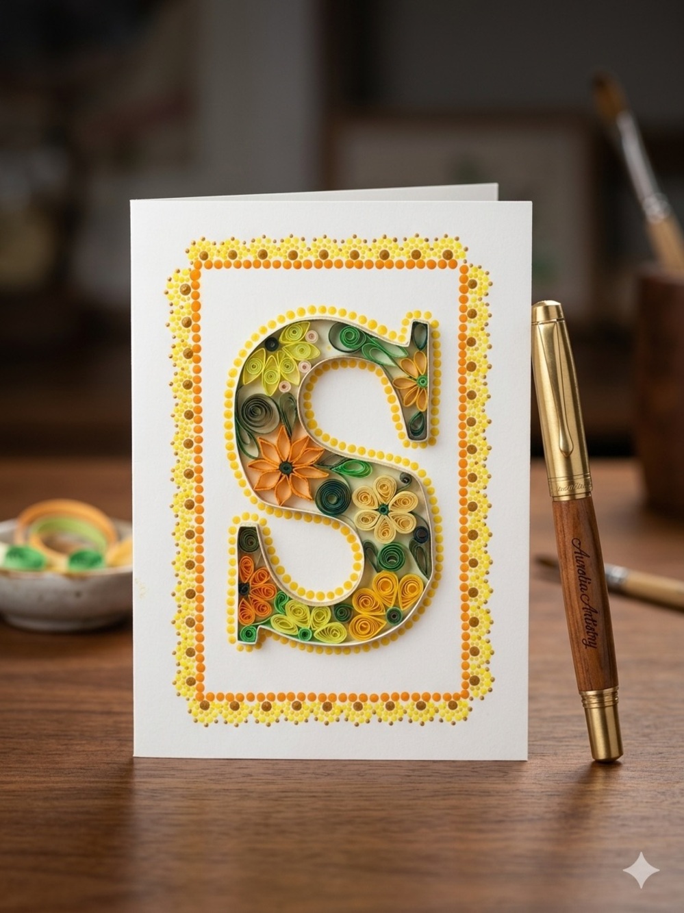 Handcrafted Yellow & Green Quilling Letter 'S' Greeting Card
